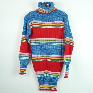 Vintage S M‎ Rainbow Sweater Dress Turtleneck 70s Stripe Multicolor Tunic Mini